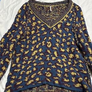 Free People V-Neck Sweater in Blue and Yellow